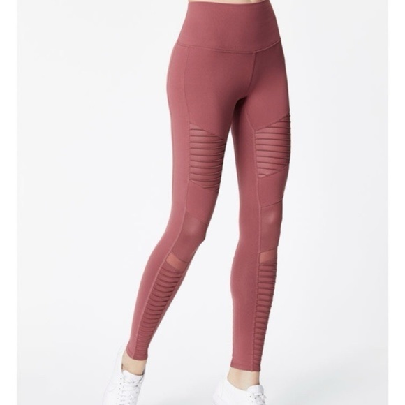 ALO Yoga Moto Legging High Rise Rose Mauve Pink Pleated Mesh active pants XS - Picture 3 of 9